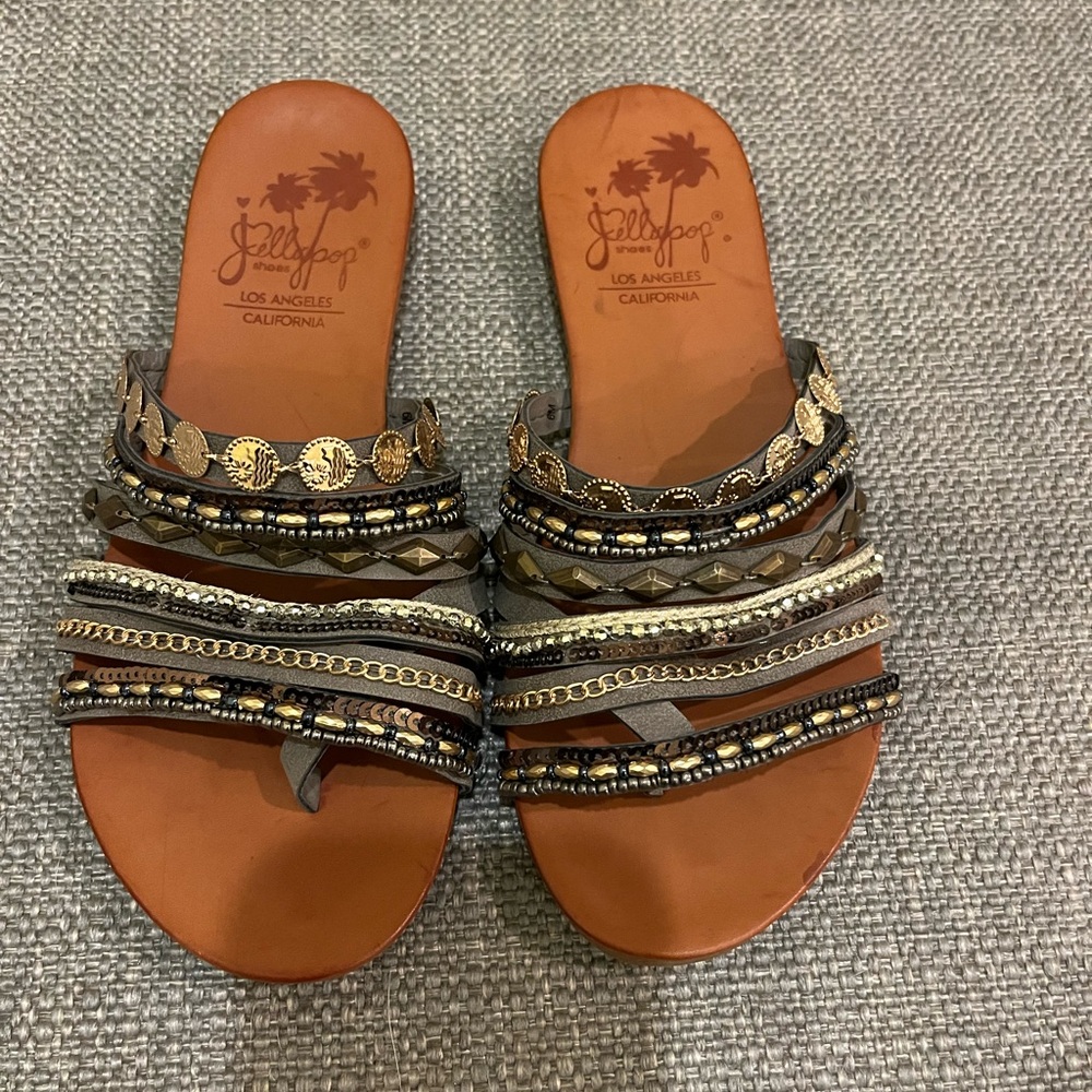 Jellypop Brown and Gold Sandals with Embellished Straps